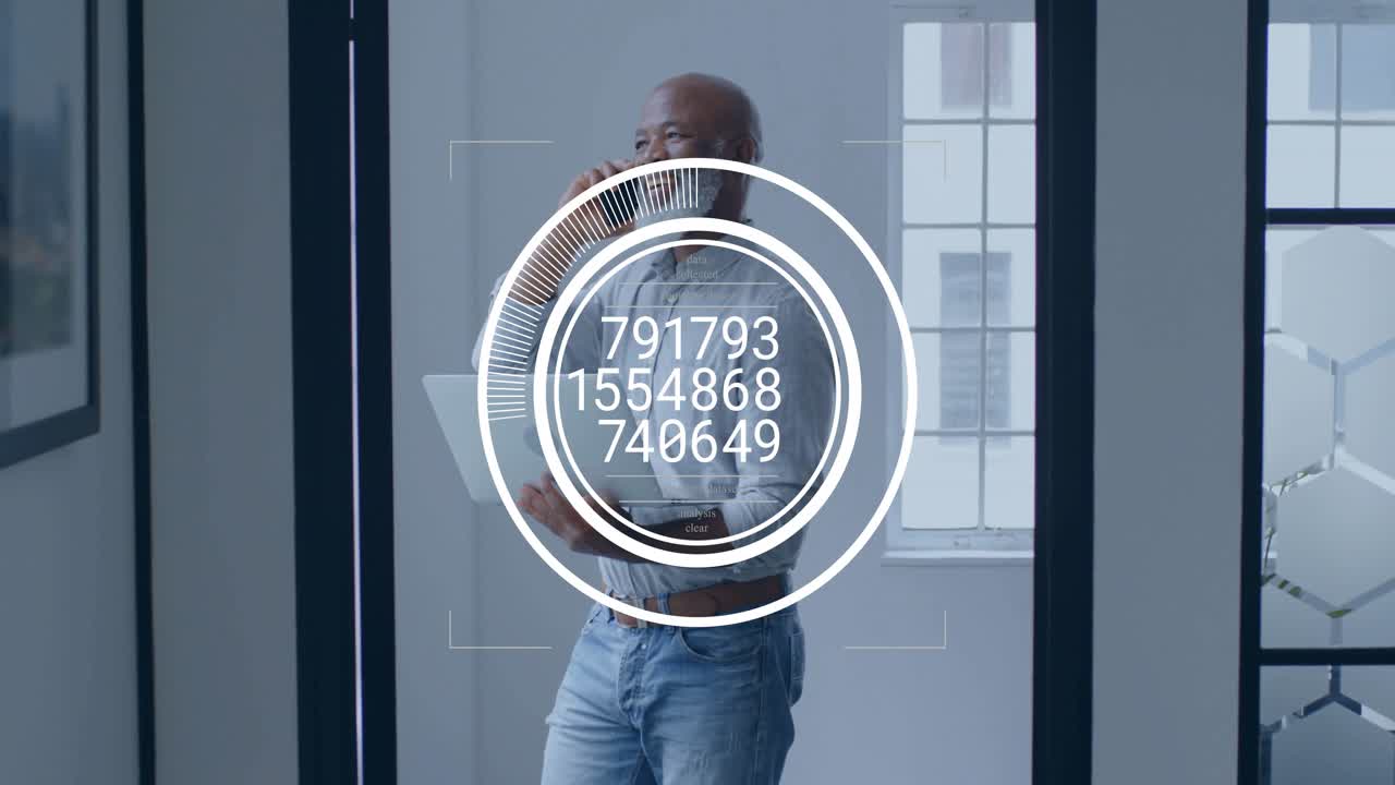 Consultant lifting smartphone to ear and initiating HUD data analysis for business insights