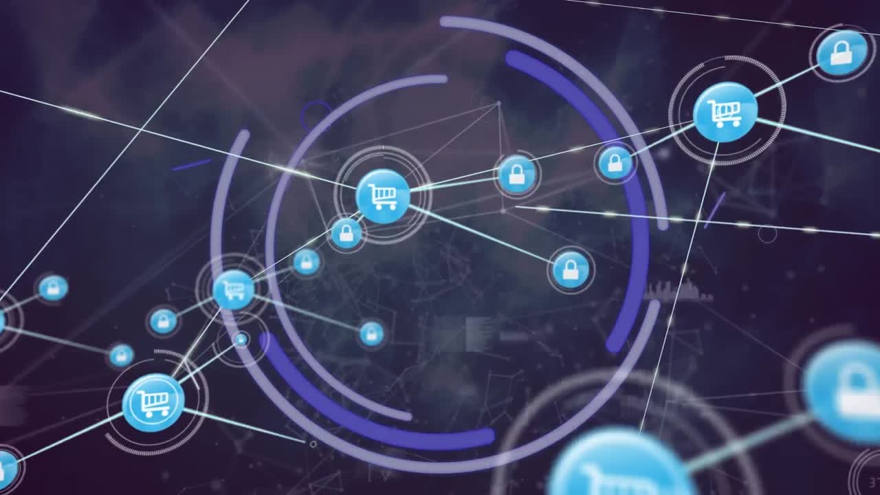 animación de iconos de candados y carritos de compras que se conectan con líneas en un fondo abstracto.