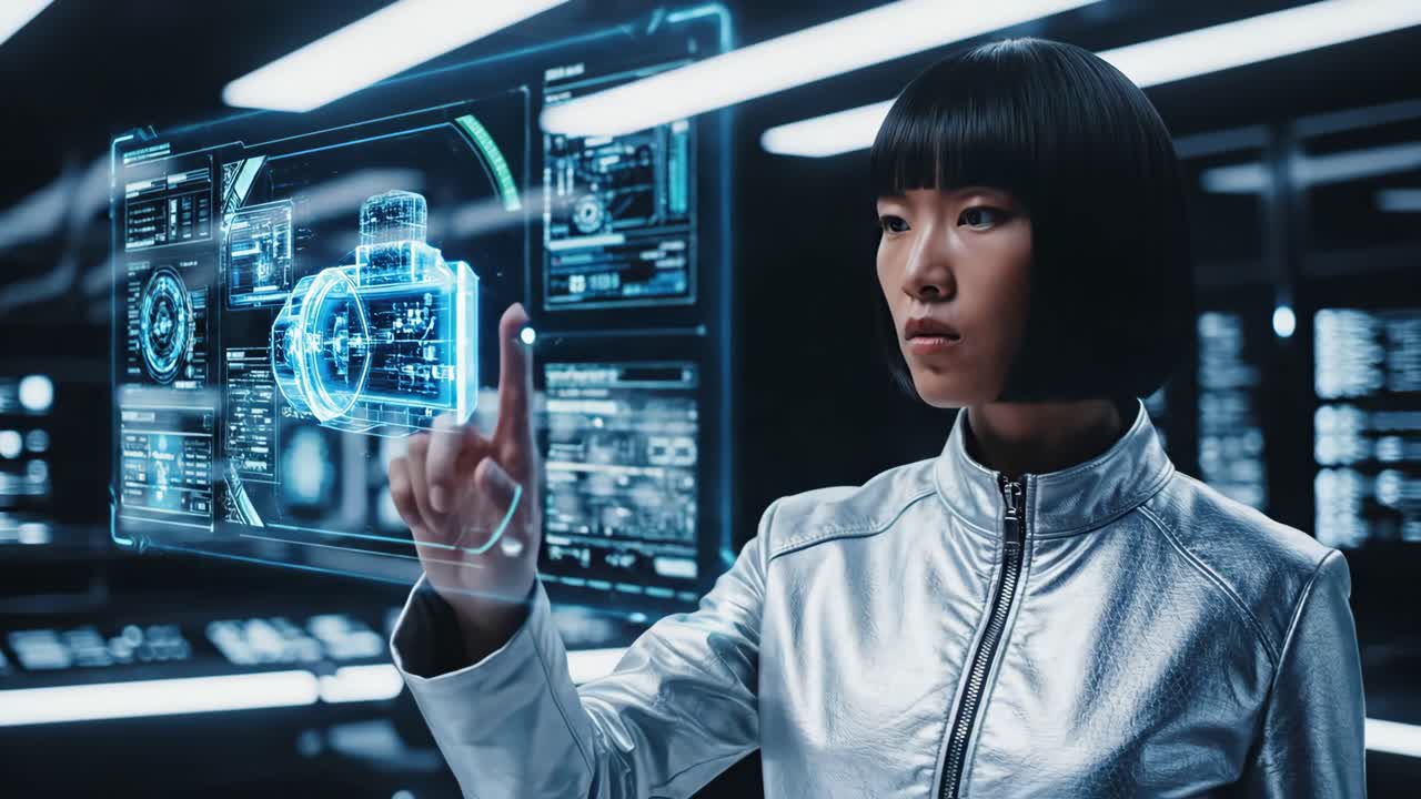 Futuristic woman interacting with holographic interface