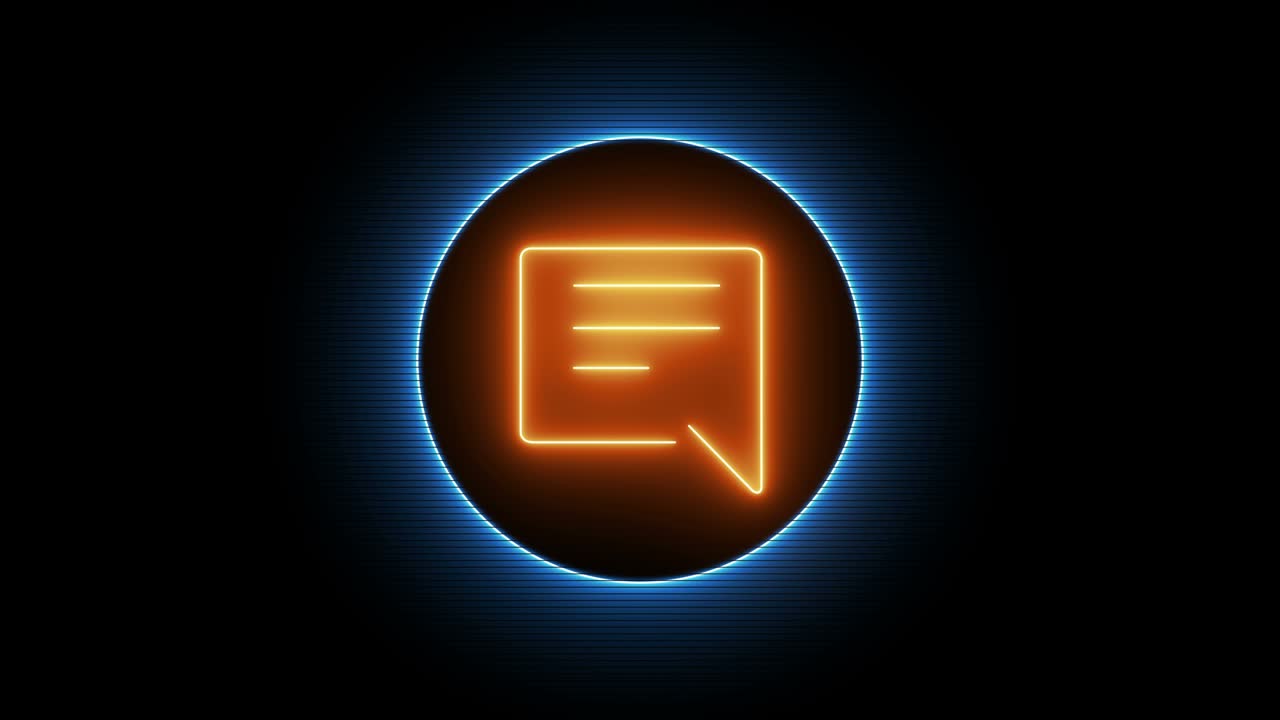 Glowing neon line Speech bubble icon on black background. Motion message icon as a framed circle symbol of communication or comment. 4K UHD video animation decoration.