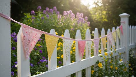a colorful display of fabric bunting draped along a white fence surrounded by vibrant flowers and lush greenery, illuminated by soft golden sunset light