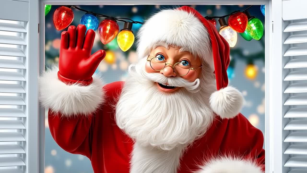 A santa claus looking out of a window with Christmas lights
