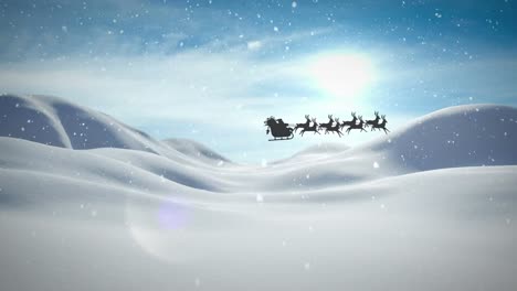 Animation-of-santa-claus-in-sleigh-with-reindeer-passing-over-snowy-winter-scenery