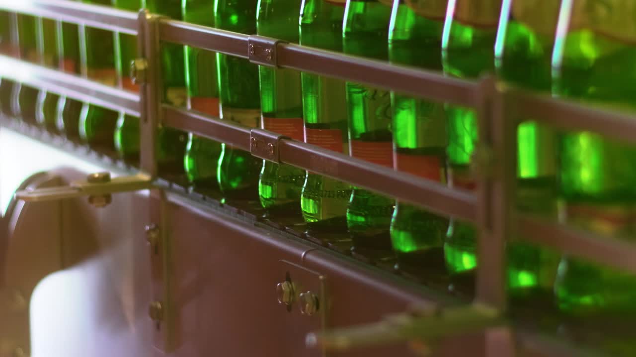 botellas de cerveza en la línea de producción. botellas que se mueven en la línea de transporte en la fábrica