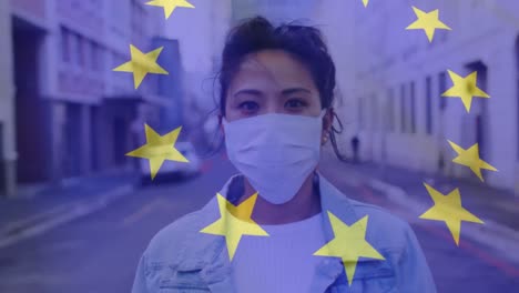 animación de la bandera de la ue ondeando sobre una mujer con máscaras faciales