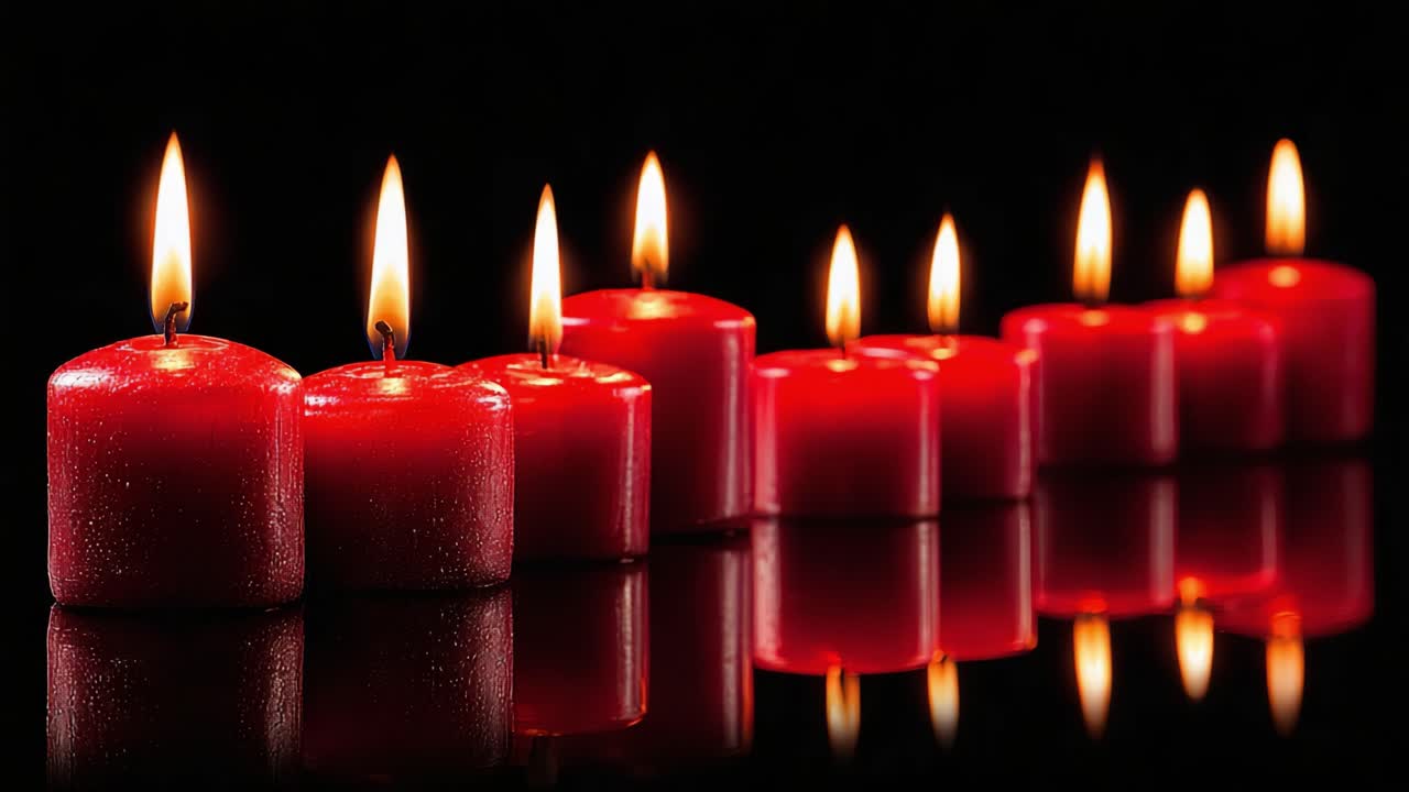 Un'esposizione serena di candele rosse luminose: Bellezza accattivante in uno spazio oscurato che mostra il calore della luce e il riflesso.