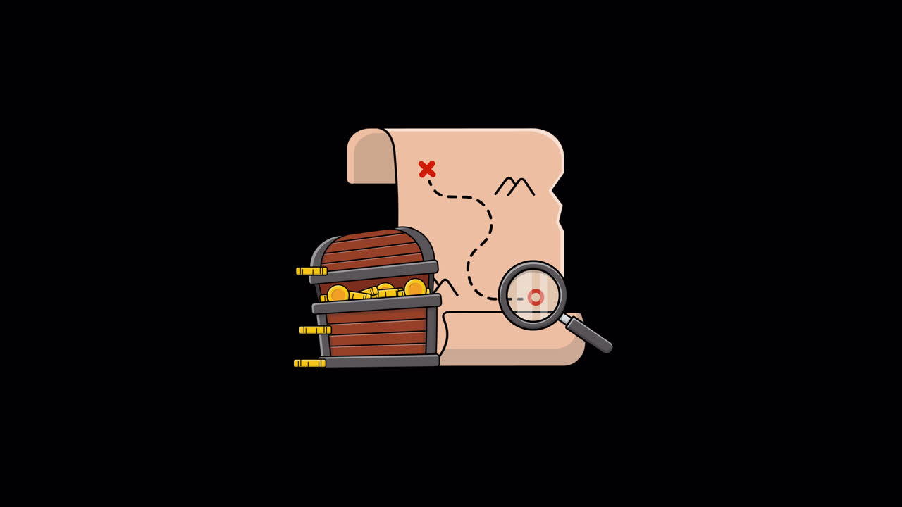 Animated Treasure Map Discovery with Magnifying Glass and Gold Coins