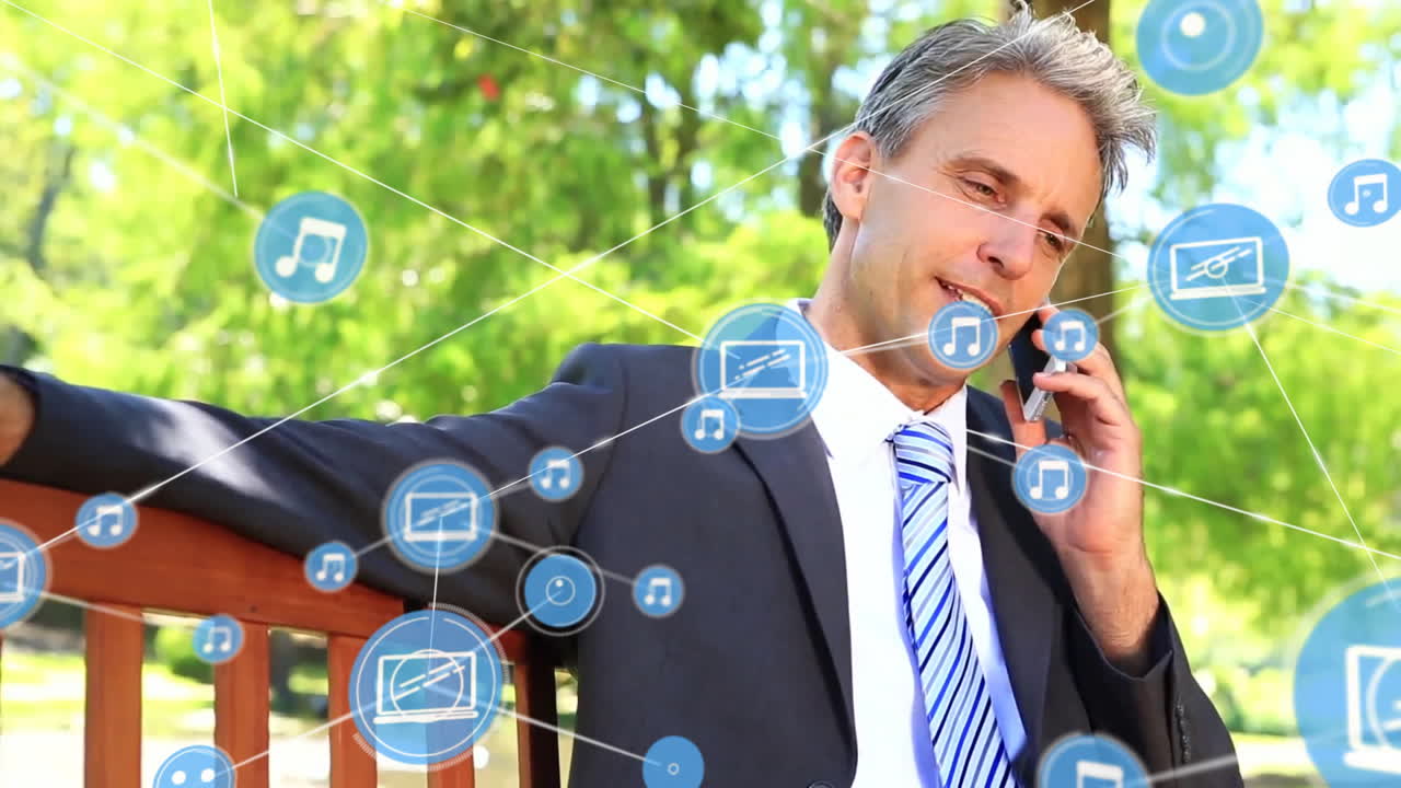 스마트폰으로 대화하는 백인 남성에 대한 연결 네트워크의 애니메이션