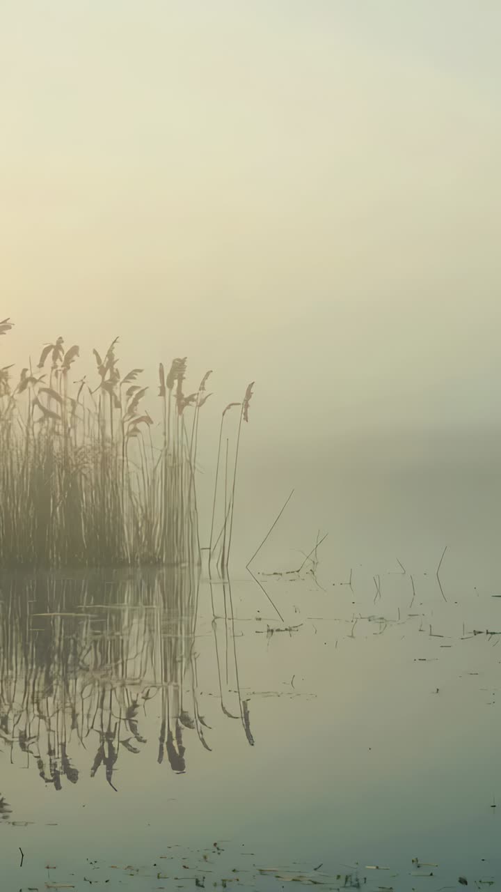 Vertical video: Swaying reeds bending, rippling reflections at misty lake from wind, copy space