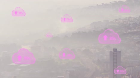 animación de iconos de nubes con un porcentaje creciente contra la vista aérea del paisaje urbano