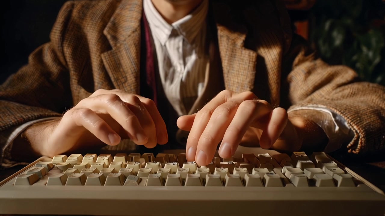 Mand der skriver på et vintage tastatur og rækker ud mod kameraet