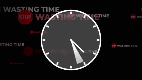 round classic clock on solid black background spinning fast, time running out stop wasting time concept animation