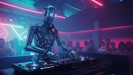 a futuristic dj robot masterfully mixing beats in a neon-lit club atmosphere, captivating an enthusiastic crowd with electrifying music and pulsating lights