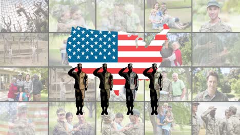 animación de siluetas de soldados y bandera de los estados unidos sobre diversos soldados masculinos y femeninos con familias