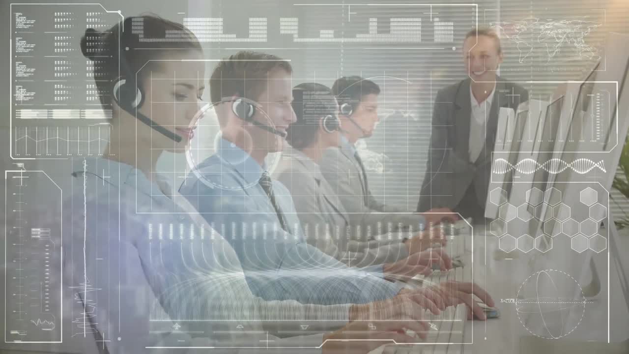 animación del procesamiento de datos financieros sobre personas de negocios que trabajan en la oficina