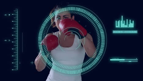 animación de procesamiento de datos y escaneo de alcance sobre boxeadora caucásica