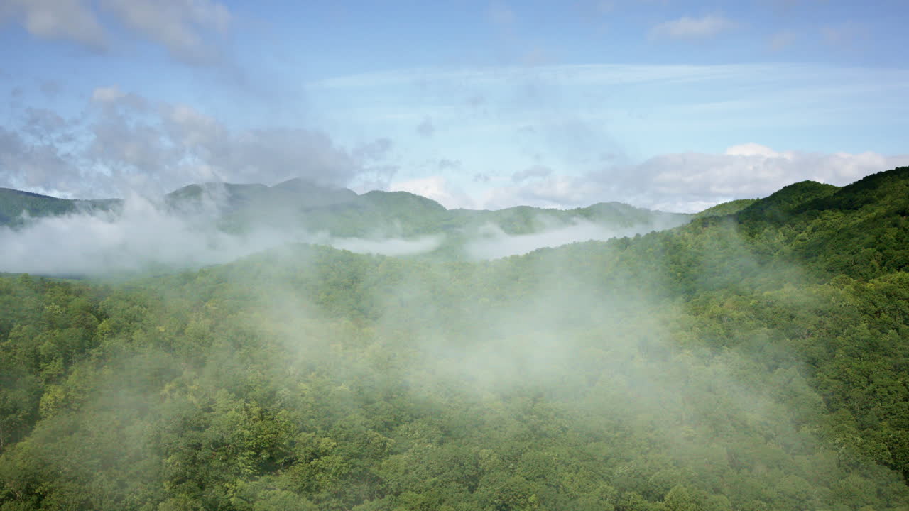 Sweeping aerial view of North Carolina’s mist-filled Smoky Mountains