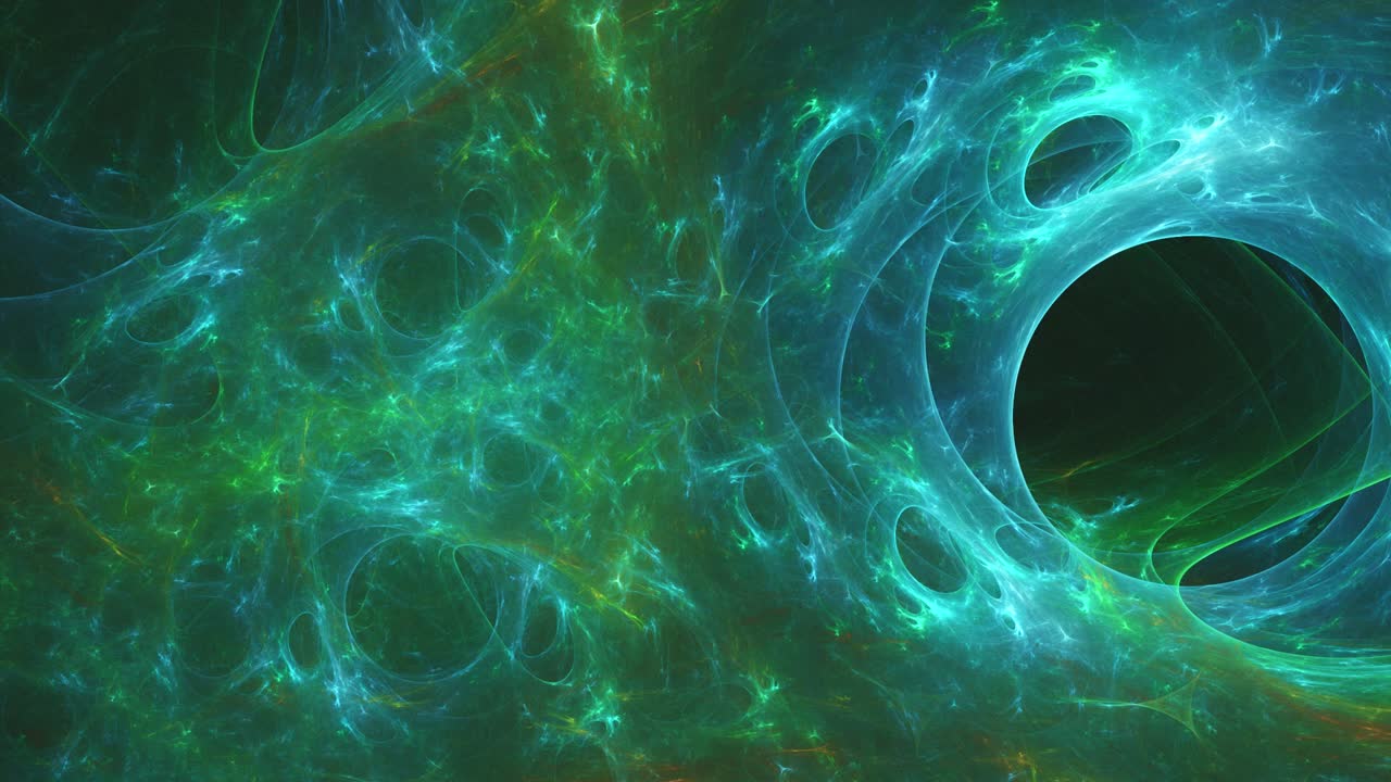 agujero abstracto orgánico celular, extraño mundo fractal en bucle sin fisuras, coloridos remolinos verdes y azules