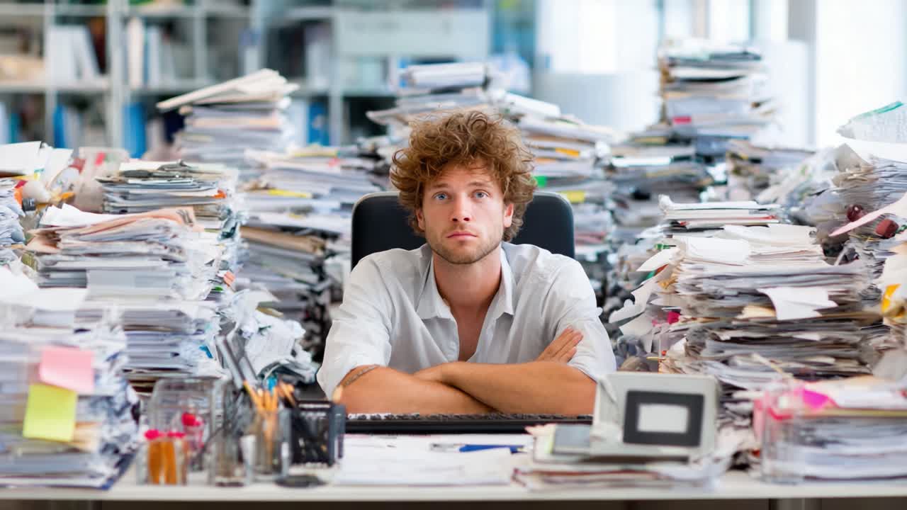 A Frustrated Office Worker Surrounded by a Mountain of Paperwork, Reflecting the Stress and Chaos of Modern Business Environments