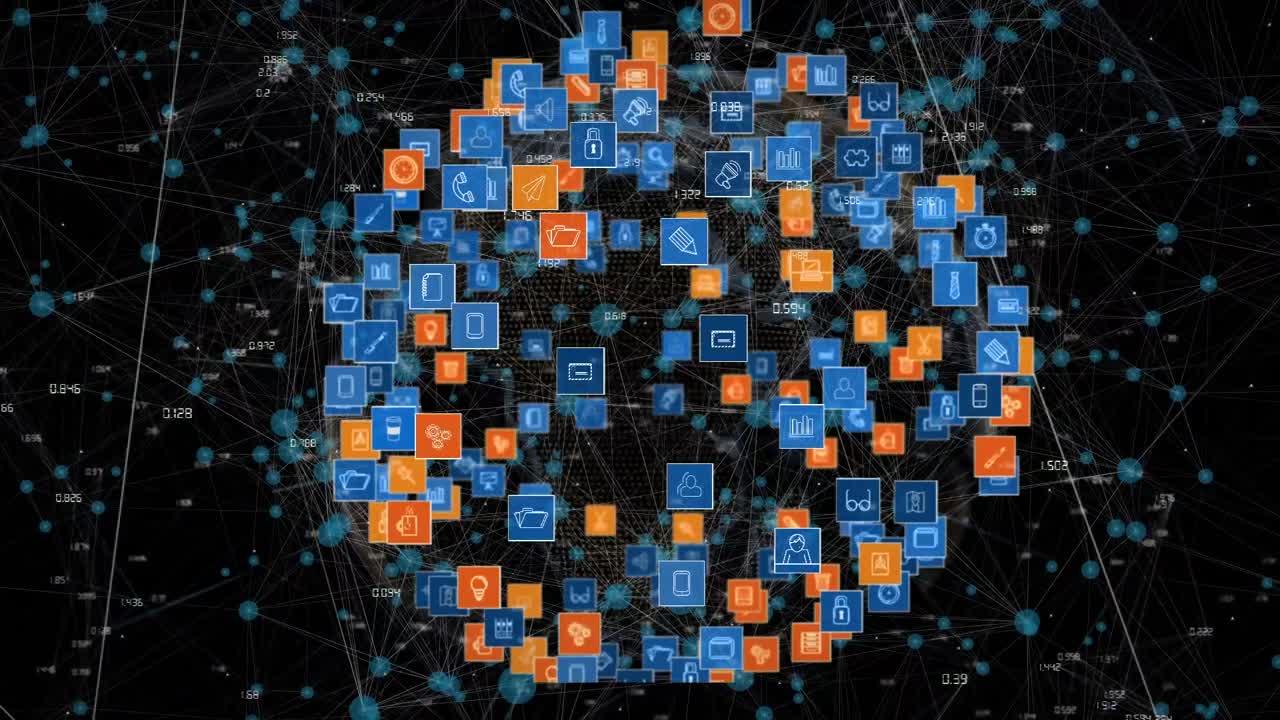 animación de la red de conexiones con iconos y procesamiento de datos