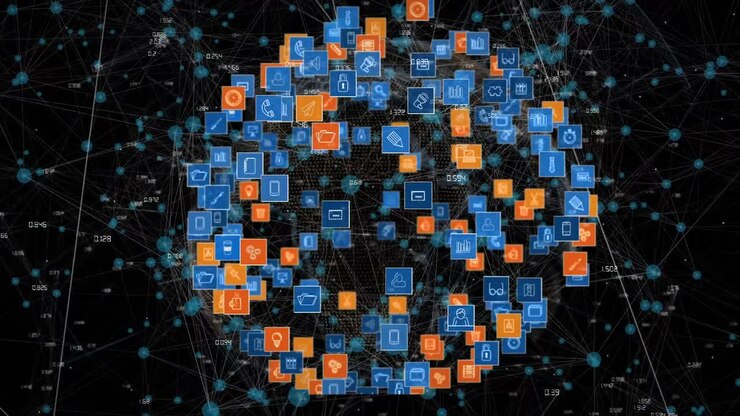 Animation of network of connections with icons and data processing