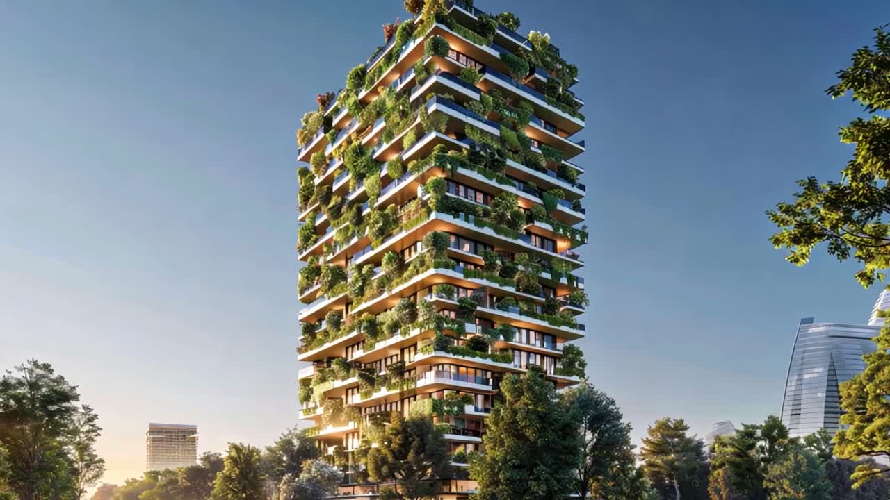 Green Skyscraper with Vertical Gardens in an Urban Landscape