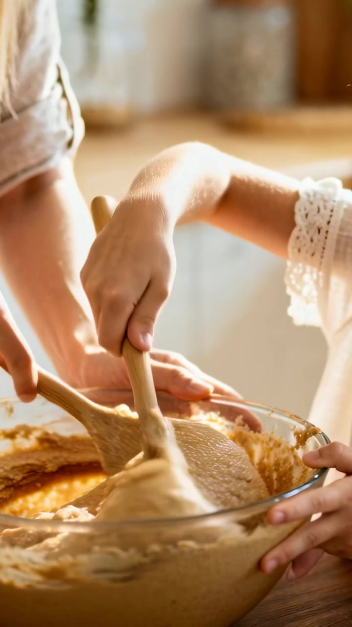 Vertical video: Reaching mom and girl in lace top stirring batter in glass bowl at kitchen to bake