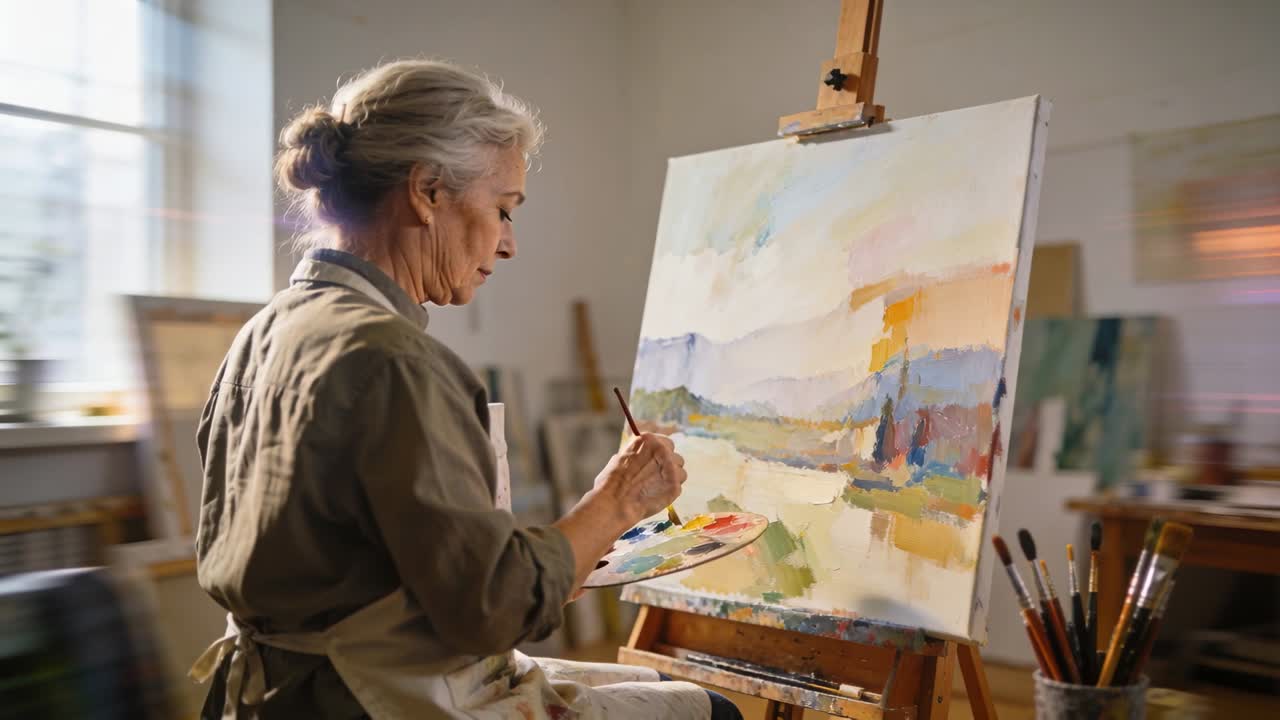 Gün ışığı altında paletini karıştıran ve fırça darbeleri ekleyen, stüdyo şövalyesi başında haki gömlekli ressam.