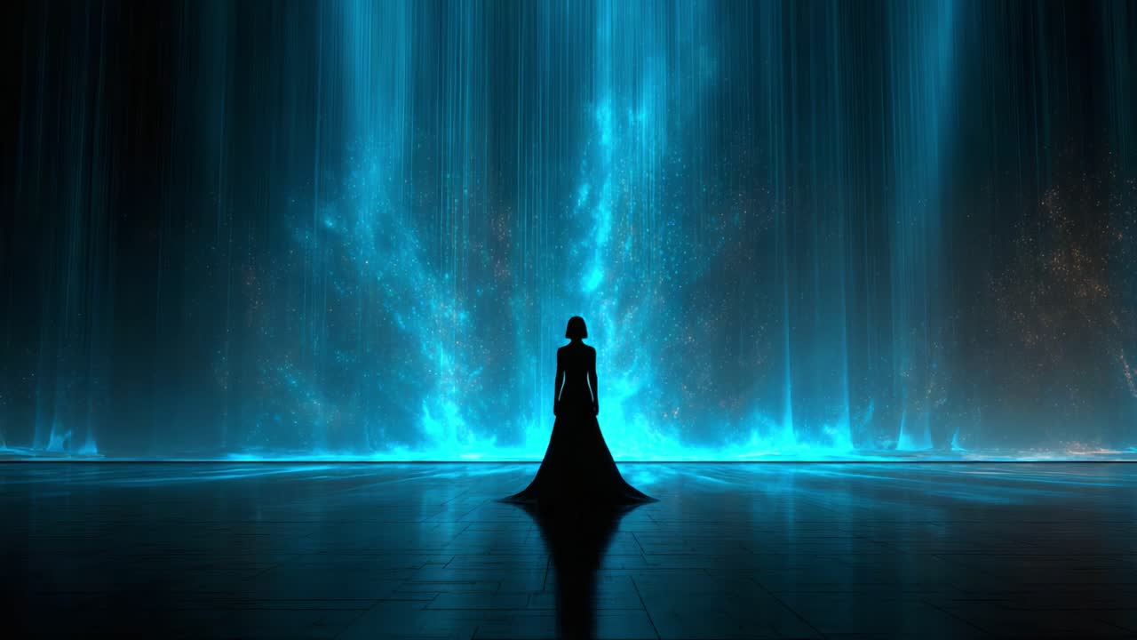 A mysterious figure stands before a stunning cascade of vibrant blue light, enveloped in an ethereal atmosphere that captivates the senses while illuminating the darkened surroundings