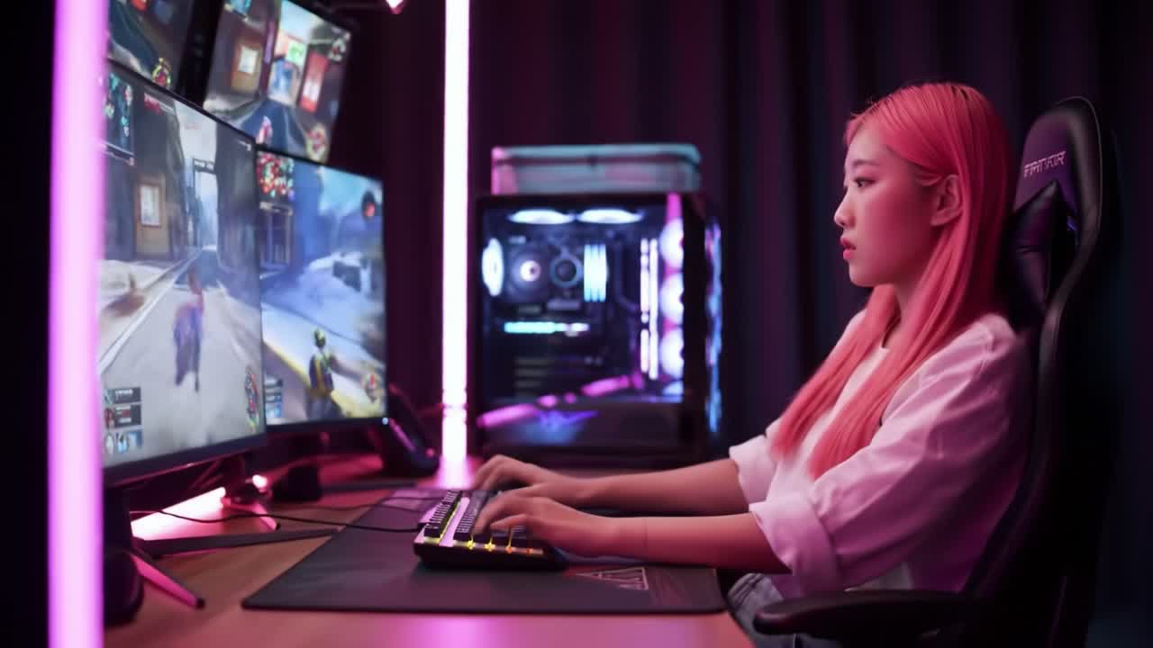 A Gamer with Pink Hair Engaged in High-Quality Gameplay, Surrounded by Multi-Monitor Setup and Gaming Equipment, Immersed in the Virtual World