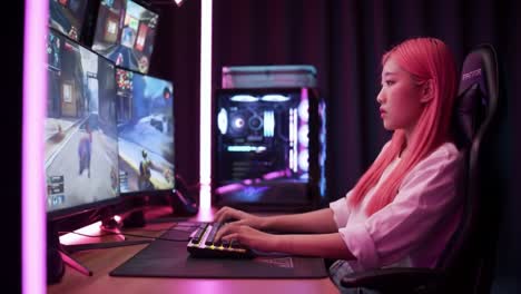 a gamer with pink hair engaged in high-quality gameplay, surrounded by multi-monitor setup and gaming equipment, immersed in the virtual world