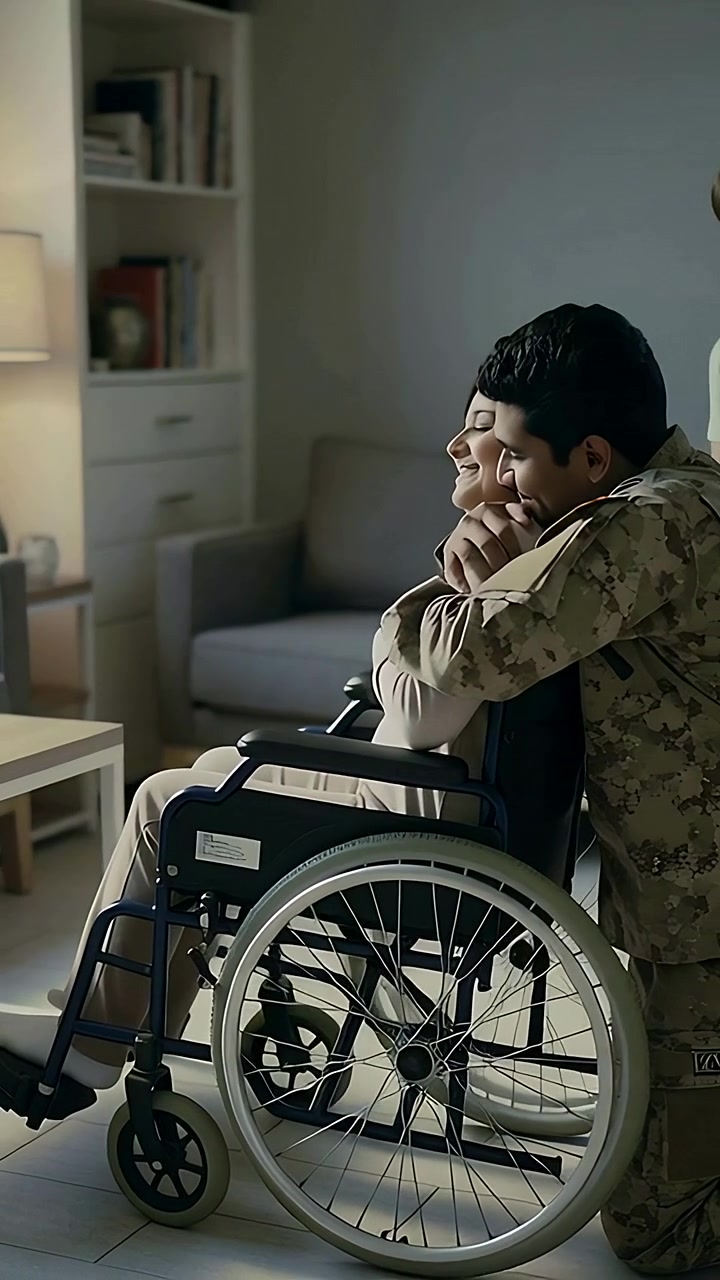 Vertical video: Approaching man in camo hugging seated woman in wheelchair at home showing support