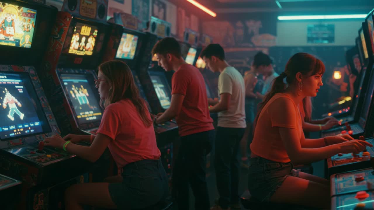 Una scena nostalgica di giovani giocatori impegnati in un gameplay intenso in una sala giochi, che evidenzia l'atmosfera vibrante e le macchine retrò di un'esperienza di gioco classica.