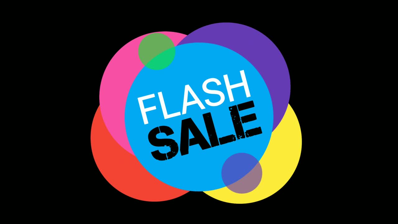 플래시 판매 플래트 스타일 스티커 배너 다채로운 라벨 팝업 프로모션 애니메이션 4k 판매, 할인, 거래, 특별 제안 또는 블랙 프라이데이 이벤트