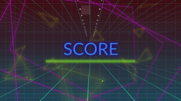 Timer counting two seconds on grid floor, neon green bar sliding in, blue SCORE text fading