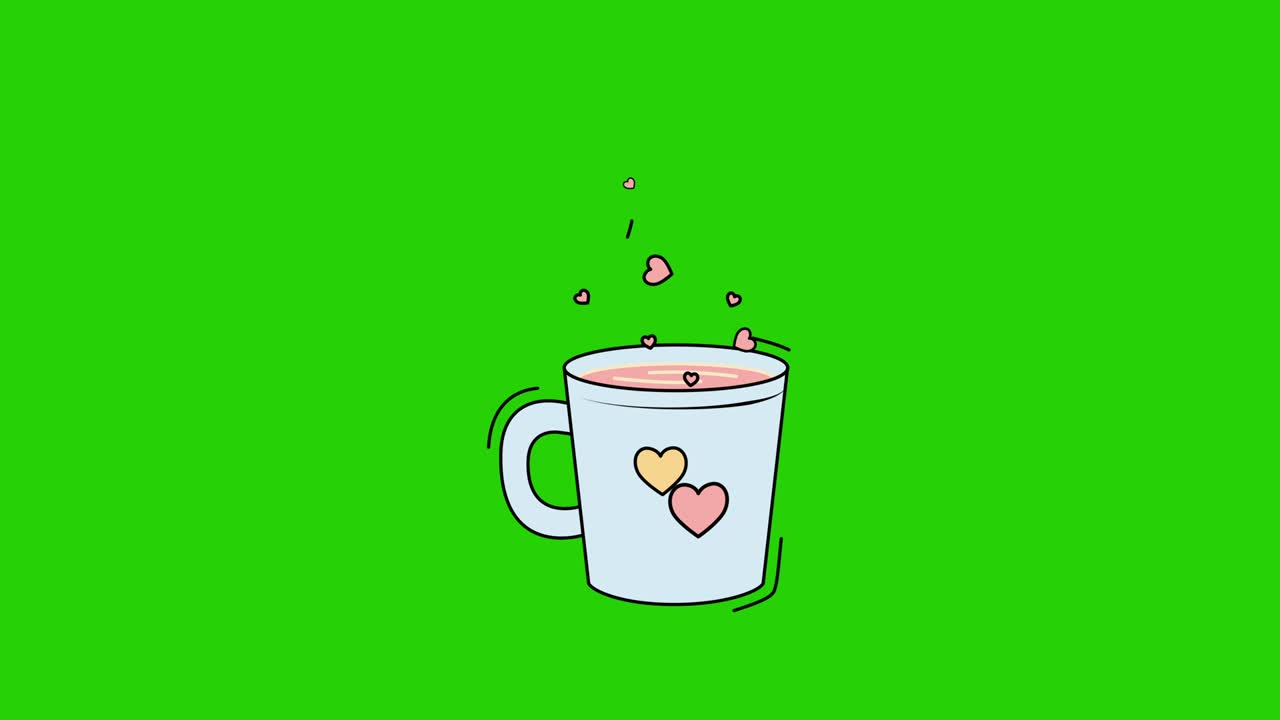 video en 4k de una taza de dibujos animados con corazones en fondo verde.