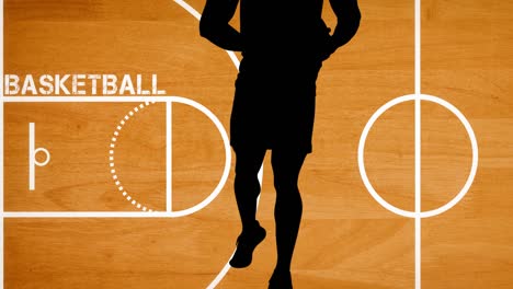 Animación-De-La-Silueta-Del-Jugador-De-Baloncesto-Con-Texto-Sobre-El-Fondo-De-La-Cancha-De-Baloncesto