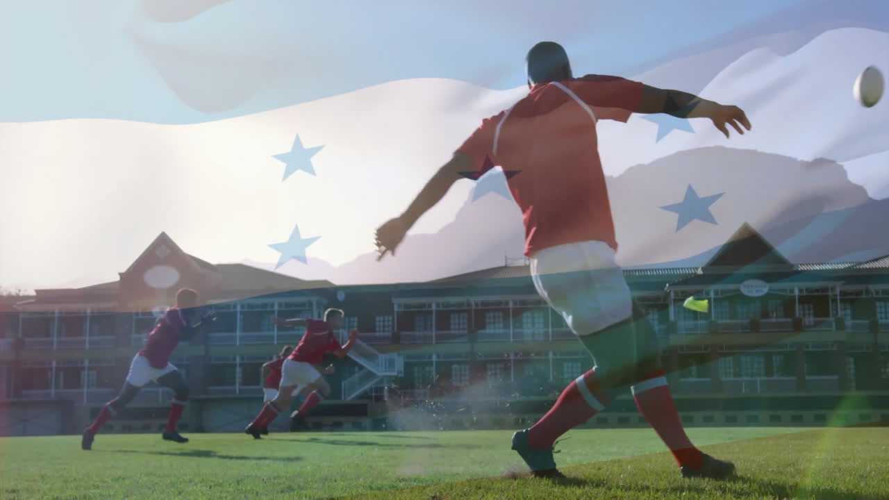 In school, animation of rugby players in action on field with flag overlay