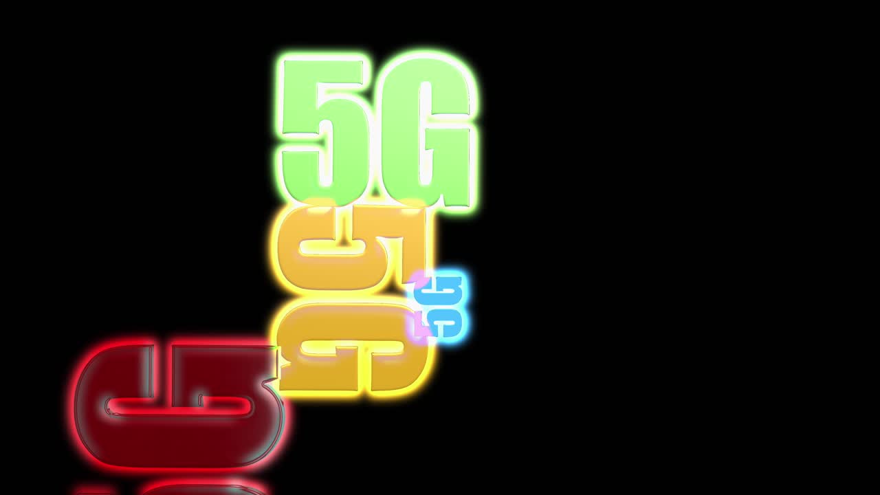 signo de texto colorido de 5g moviéndose frente a la pantalla negra