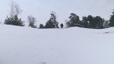 Young-woman-on-a-sleigh-sliding-down-a-snowed-hill-and-falling-in-slow-motion