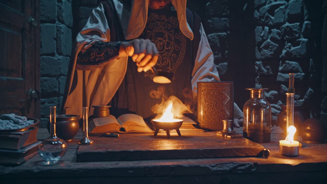 Medieval alchemist in dimly lit stone room, mixing potions by candlelight