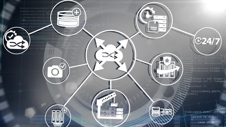 Animation of network of icons over safe lock rotating, over data processing, on grey