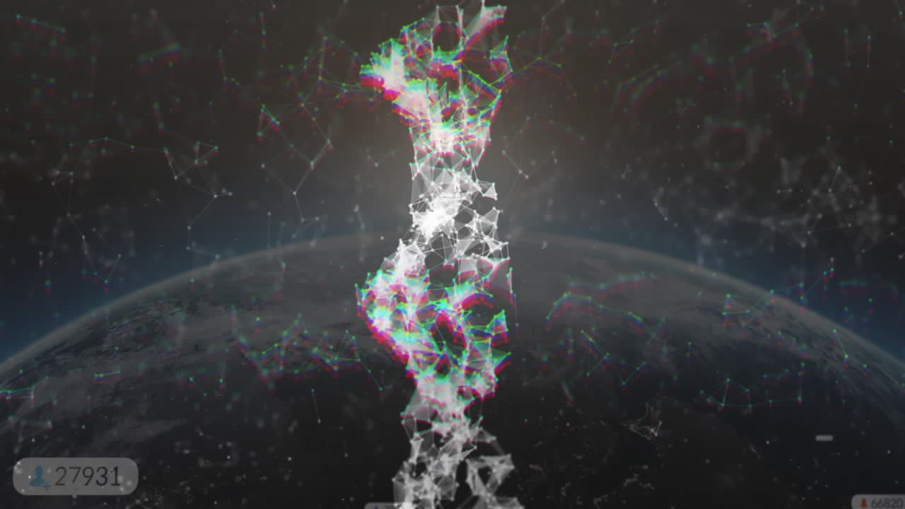 Mesh column rising from curved horizon, glitching pulsing while floating bubbles updating counts