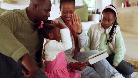 high five, tablet and parents playing