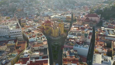 drone descends in front of guanajuato city center, mexico