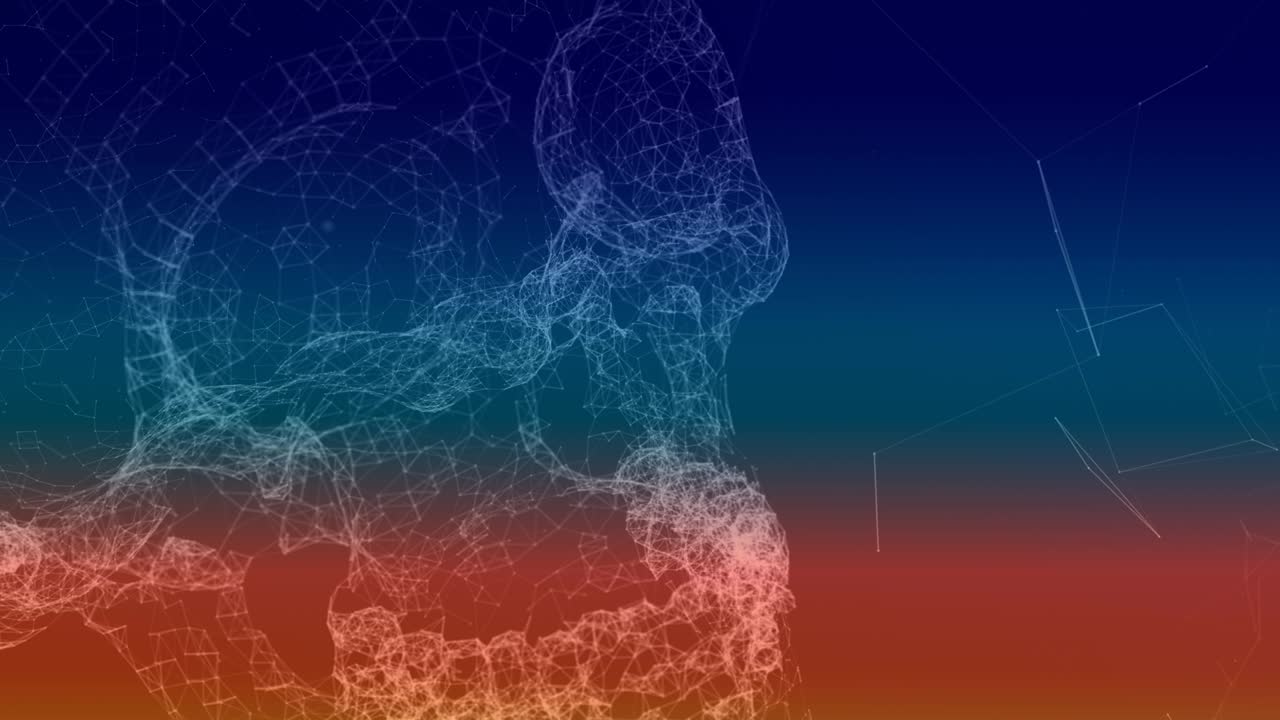 3d 인간의 두개골과 파란색 배경에 있는 플렉서스 연결 네트워크의 애니메이션