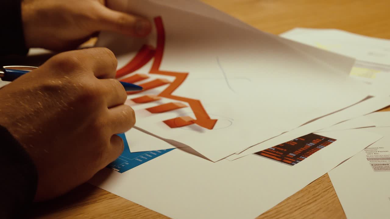 Una mano sfoglia dei documenti che mostrano grafici rossi in discesa e declino finanziario, illustrando tendenze aziendali negative o perdite aziendali