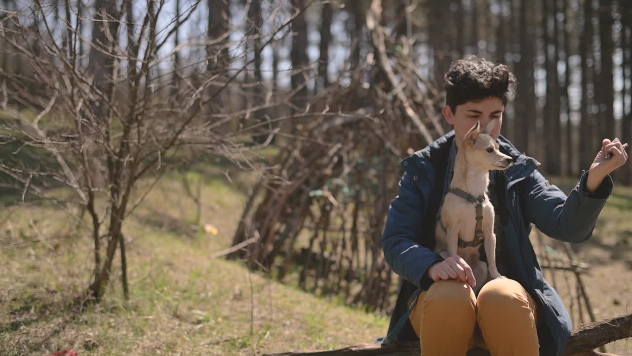 짧은 머리를 가진 젊은 여성은 막대기를 사용하여 시골에서 그녀의 개와 놀아요