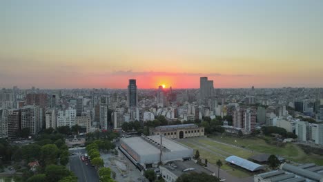 aerial descending view overlooking palermo district buenos aires urban city landscape at sunset