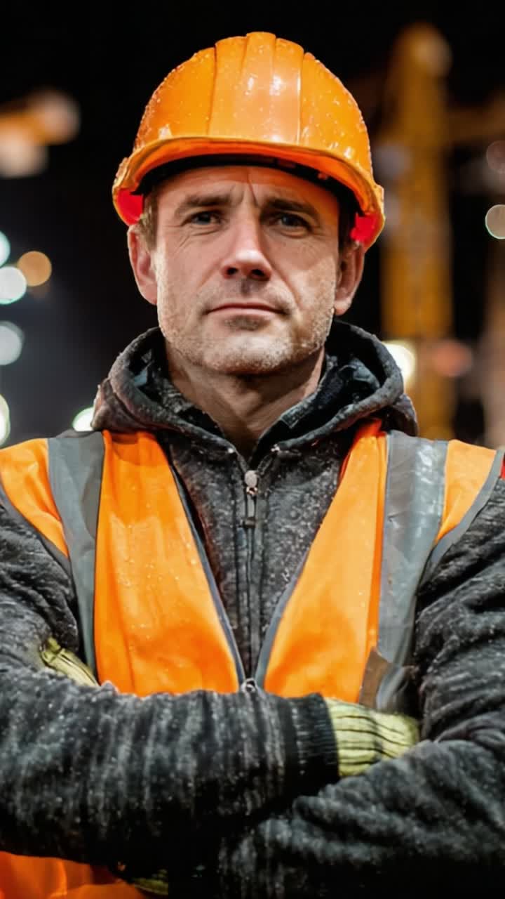 Operaio edile sicuro di sé in indumenti protettivi, in piedi con le braccia conserte, con cappello e gilet riflettente su sfondo industriale sfocato